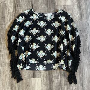 Ariat Women’s Kimono Top Poncho Style Size M Western Aztec Bull Fringe AOP
